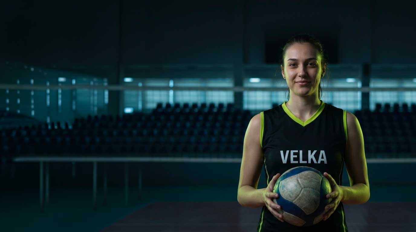 Atleta di pallavolo con il pallone fra le mani, in palestra
